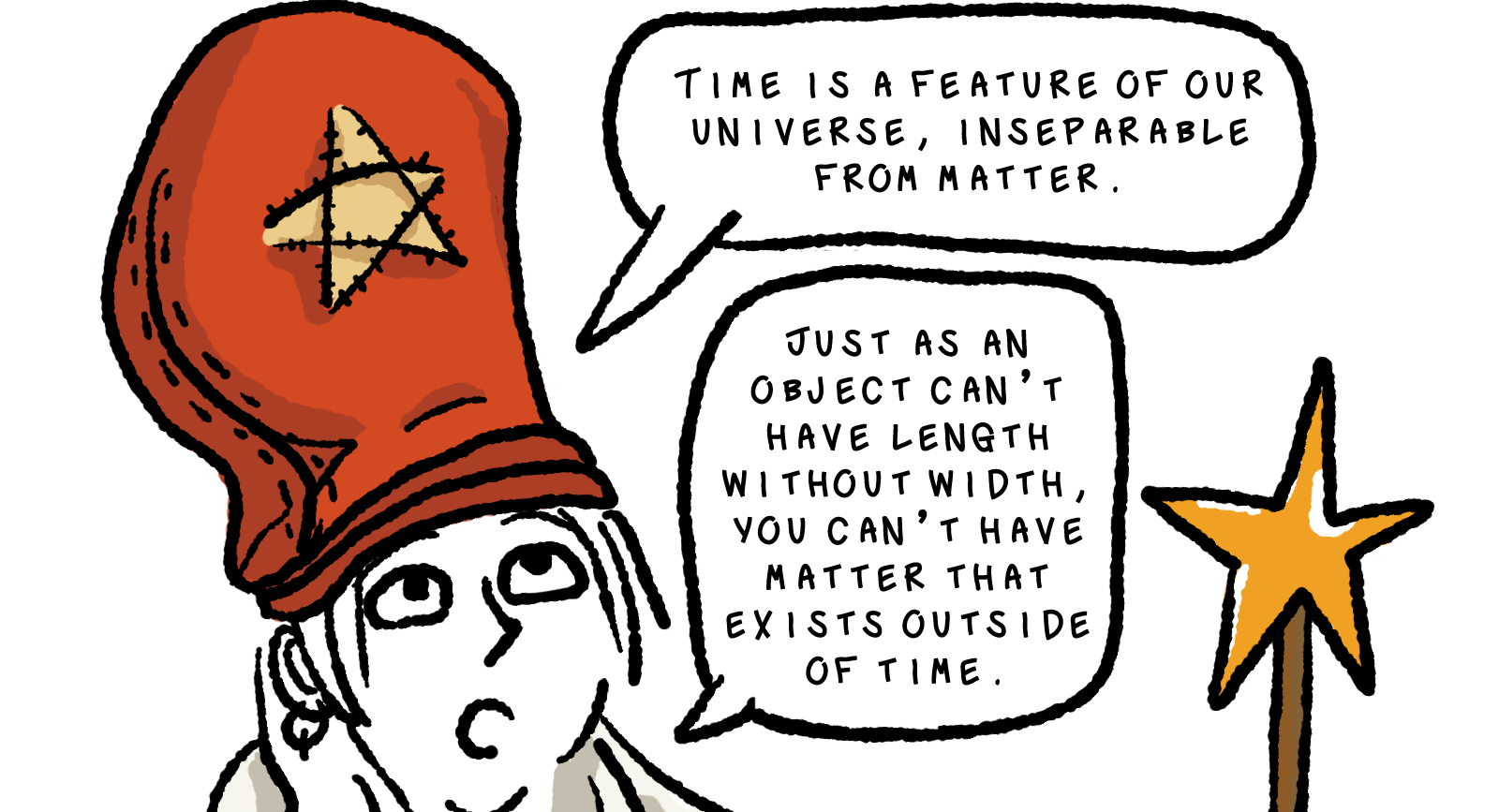 In a borderless panel, Elk is wearing a large red hat with a yellow star on it, which a tiny arrow pionting at him suggests he is dressed up in reference to a time mage from Final Fantasy. While brandishing his yellow wand that also has a star motif, he explains, Time is a feature of our universe, inseparable from matter.